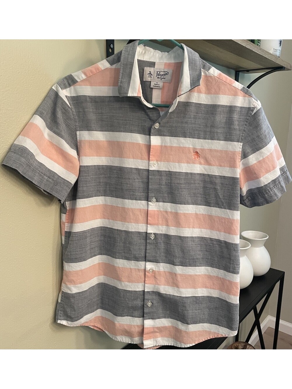Penguin Slim Fit Men's Short Sleeve Button Up Shirt Medium Light Orange